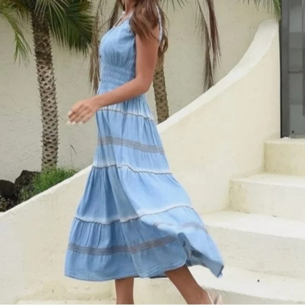 Drefbufy Womens Sz MD Denim Blue Maxi Dress Cowgirl Cottagecore Western Boho